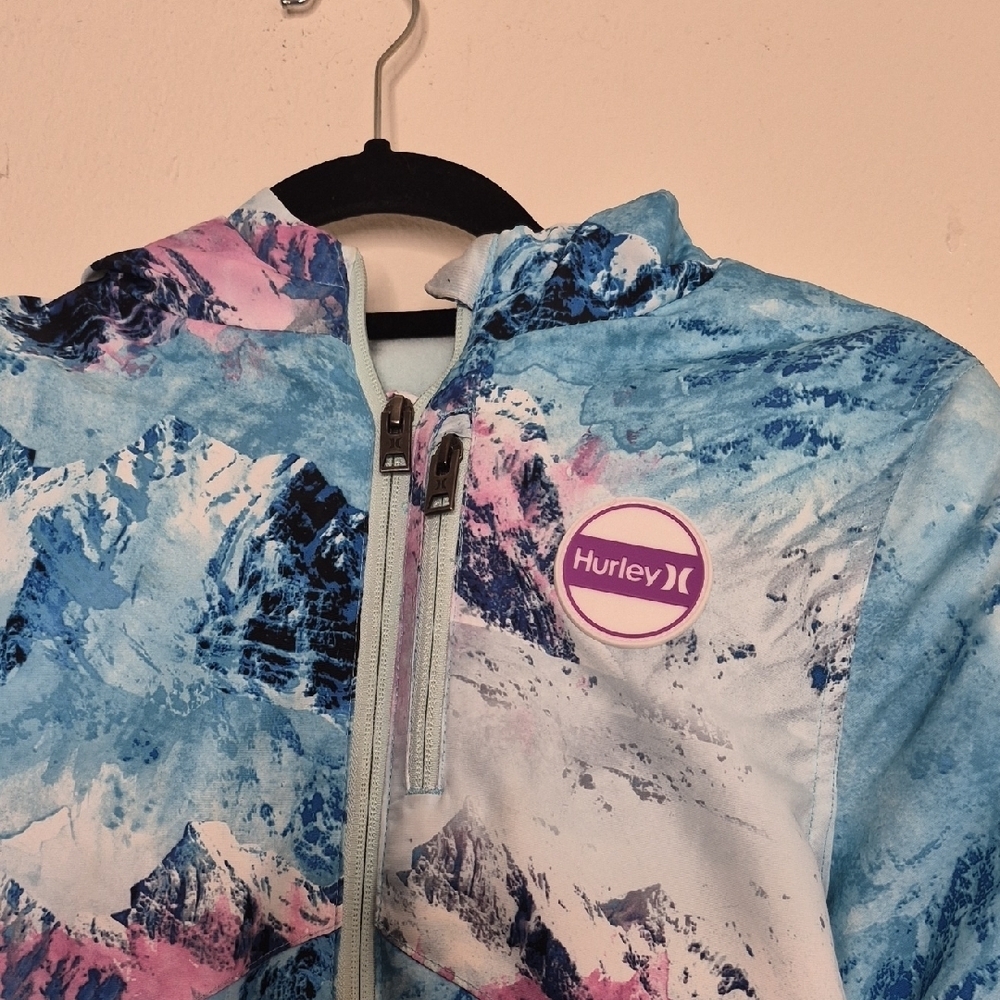 Hurley Blue and Pink Mountain Print Raincoat - Picture 2 of 14